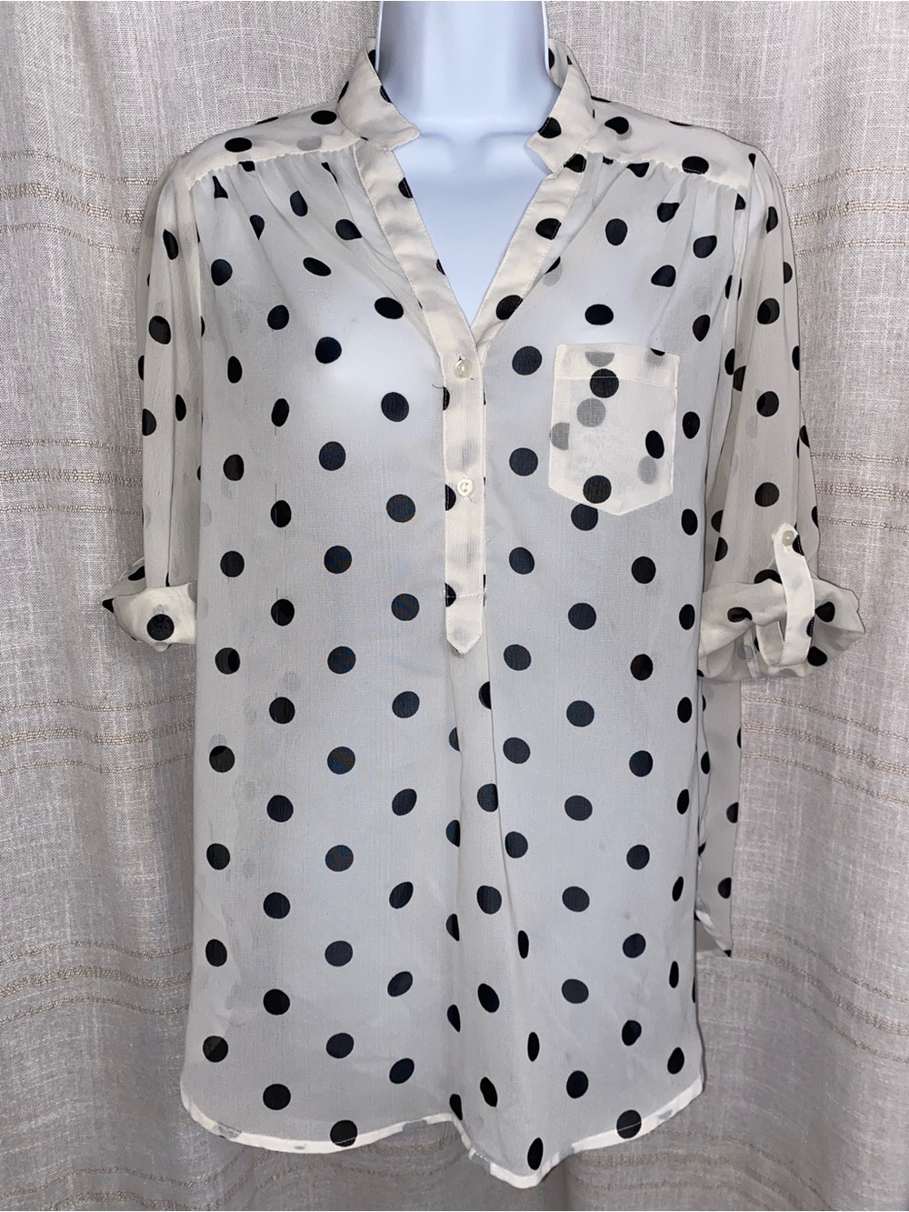 Pinky White Black Polka Dot Sheer Chiffon Roll Tab Sleeve Blouse M